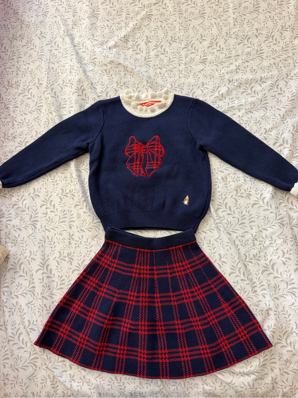 Hush Puppies Navy & Red Knit Sweater with Plaid Skirt